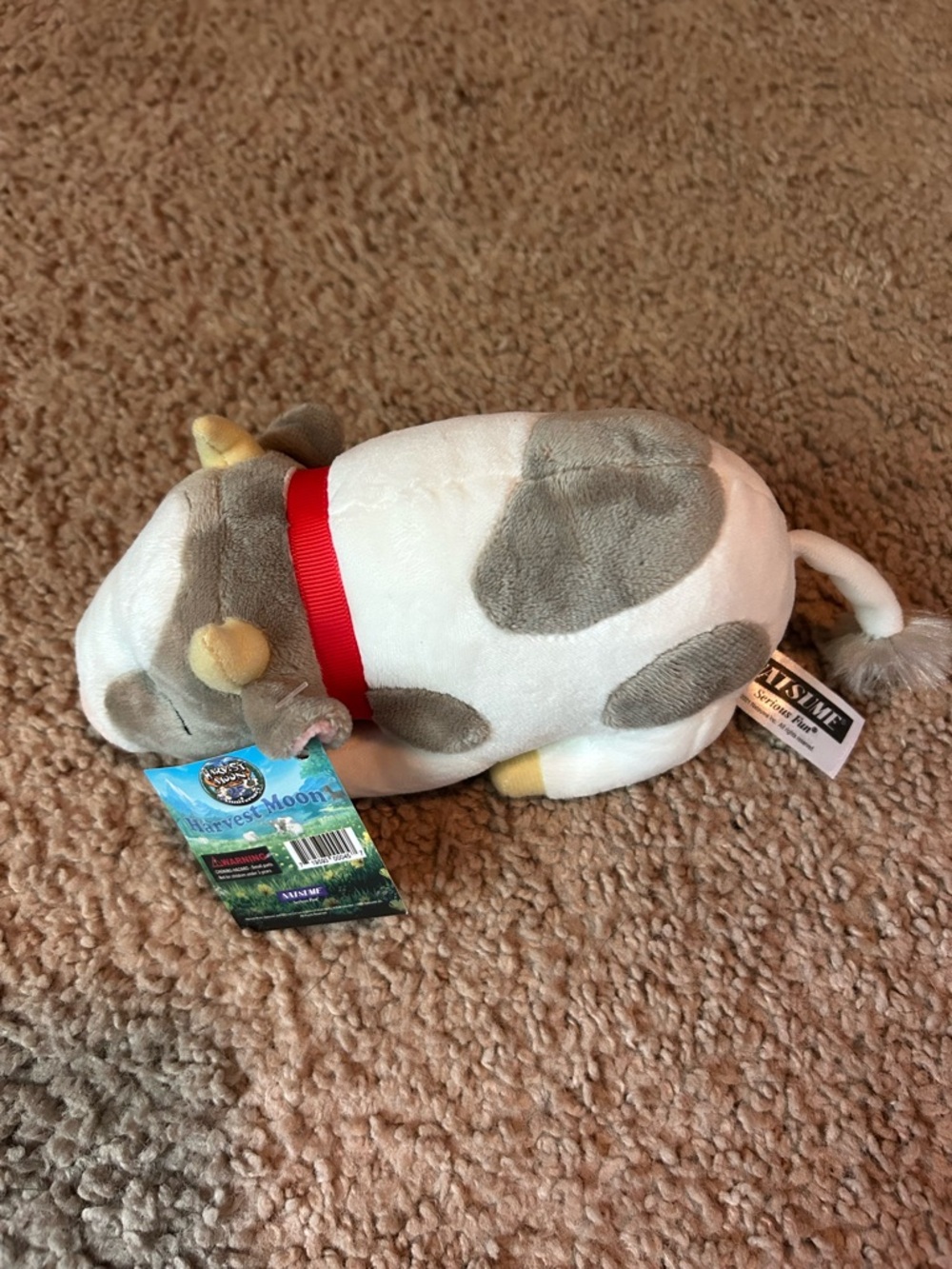 Gray & White Cow Plush with Red Collar. Harvest Moon Sleepytime Cow
